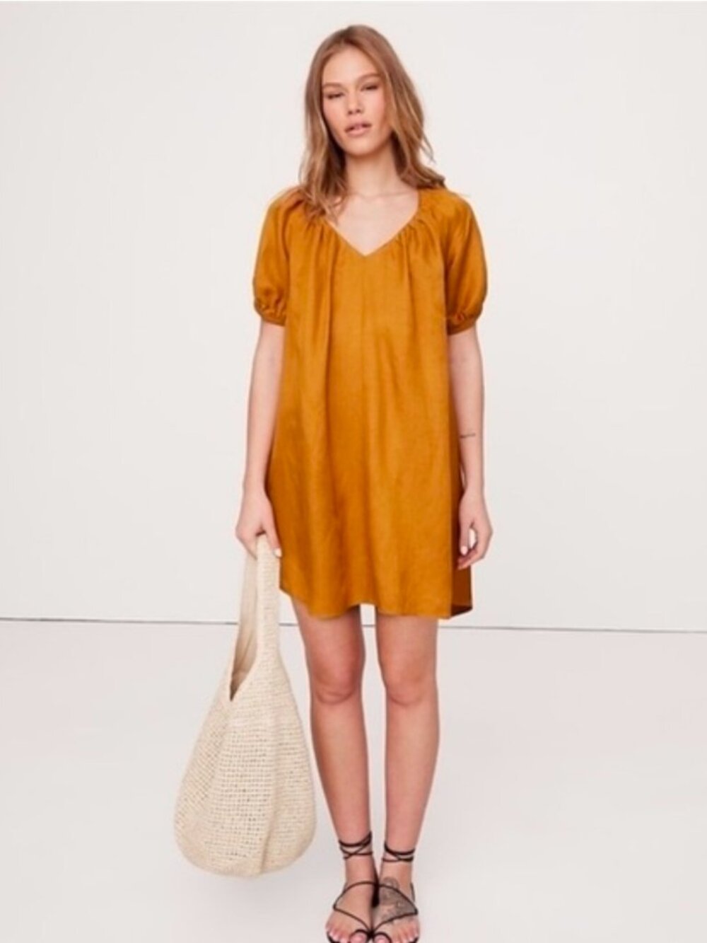 Banana Republic Viscose Linen Blend Puff Sleeve Mini Dress Size Med NWOT